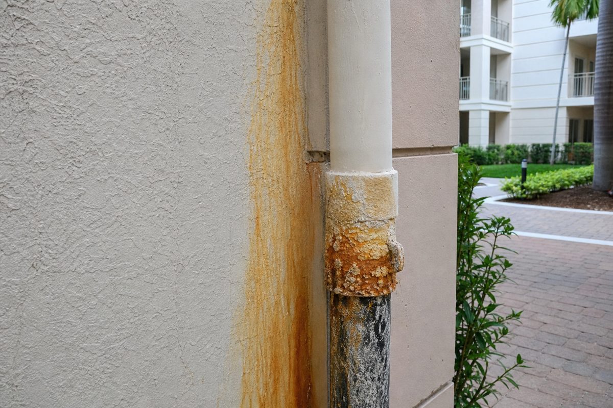 Iron staining and hard water damage on a condo building exterior wall and downspout