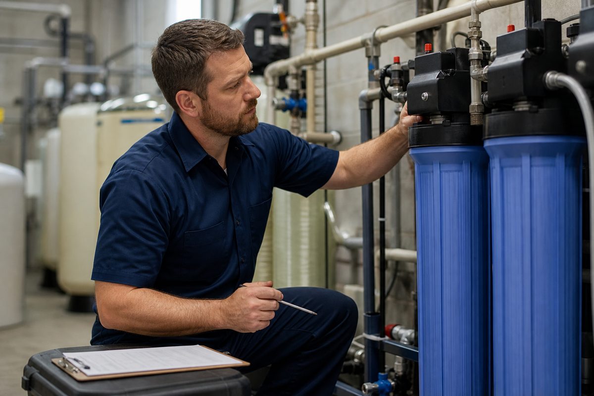 Technician servicing a commercial water treatment system in Palm Beach County
